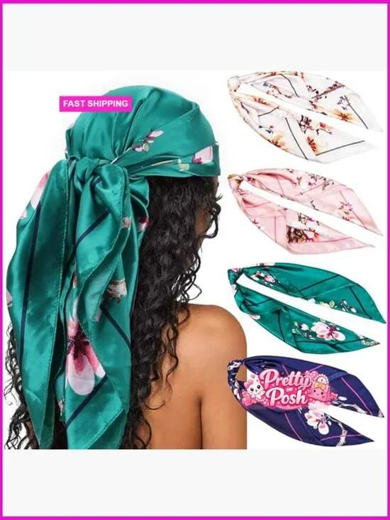 Large Square Satin Head Scarf - 4Pcs Polyester Silk Feeling Fabric