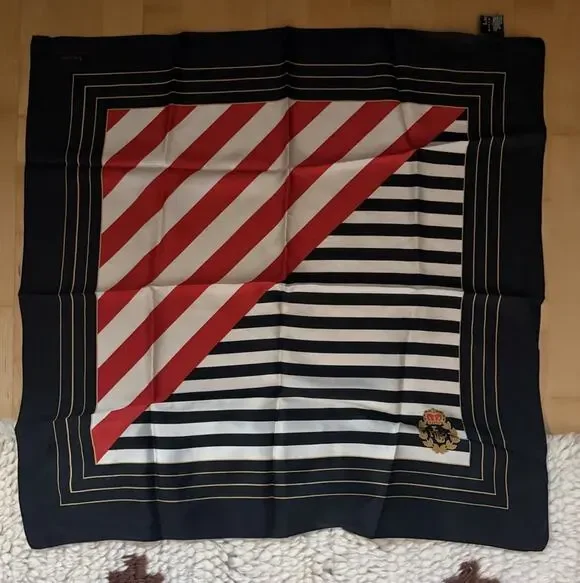 VTG Ralph Lauren Red White Black Striped Square Silk Crest Scarf 32”
