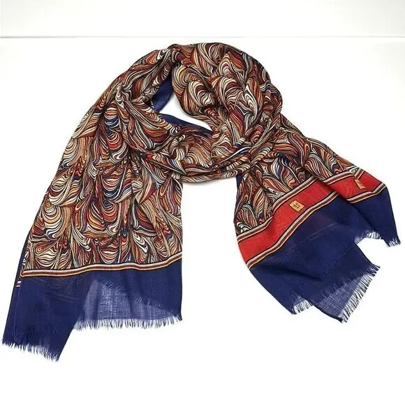 Silk Wool Large Oblong Scarf Shawl Lightweight Wrap Blue Paisley Italy