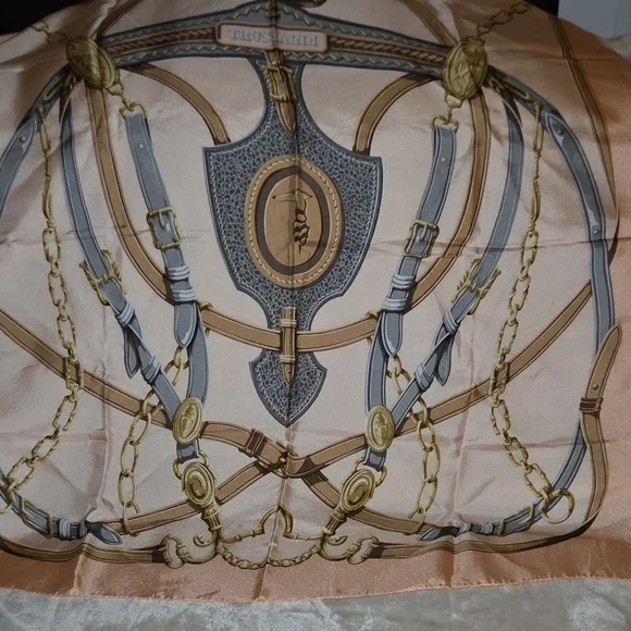 Trussardi Peach and Gold‎ Equestrian Silk Scarf 31×30