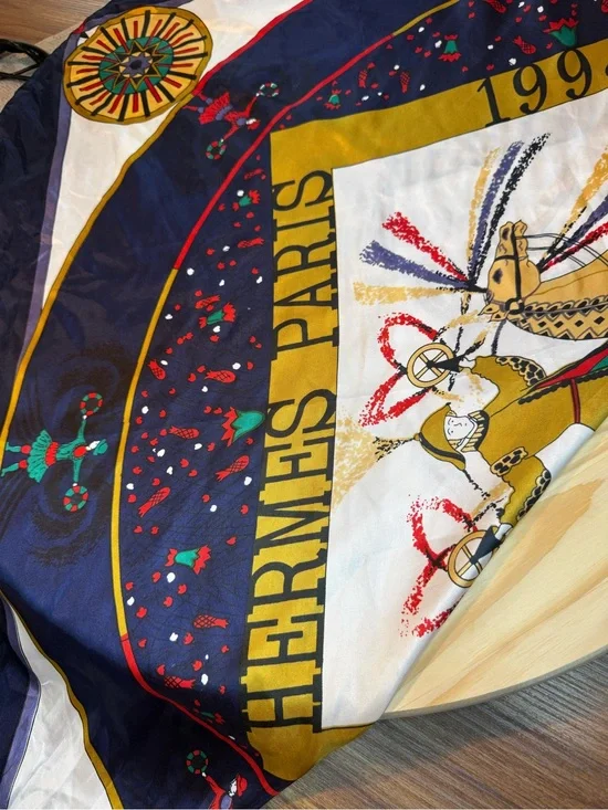 Hermes Multi-Color Silk Scarf with Navy, Gold, Red and White