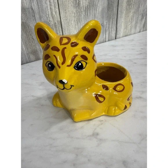 Vintage Yellow Ceramic Leopard Cub Planter Hand Painted Spotted Kitten Figurine