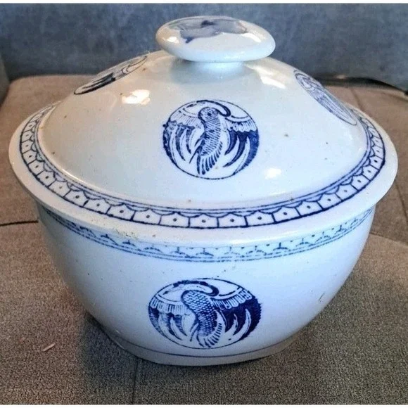 Vintage Chinese Blue & White Crane‎ Motif Porcelain Rice Bowl w/Lid