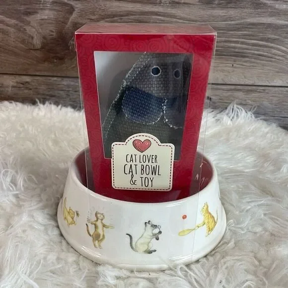 PELICAN BAY LTD Cat Lover Cat Bowl & Toy Kitten 6 1/2 diameter White Ceramic