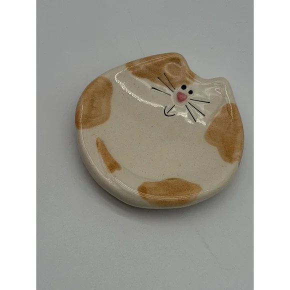Ceramic Calico Cat Trinket Dish Kawaii Kitten Jewelry Ring Holder Tray 3.5in