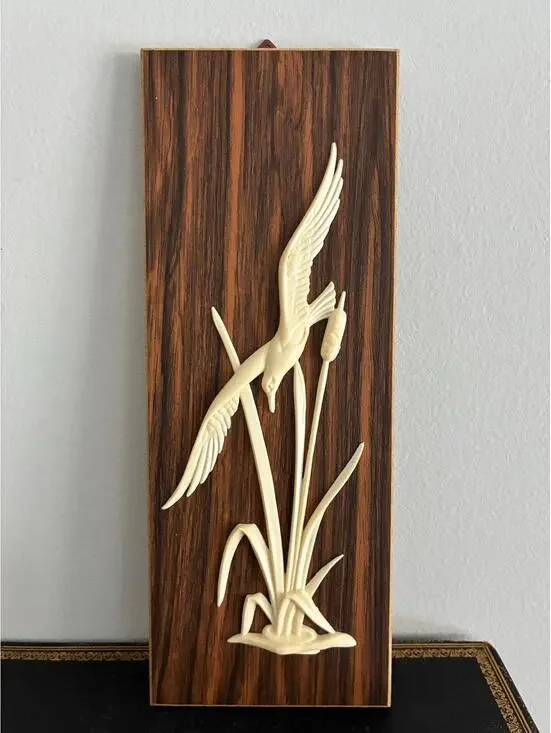 Vintage MCM West Germany Wall Plaque: Plastic Bird & Reeds