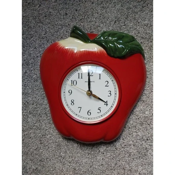 Vtg Acurite Red Apple Ceramic Wall Clock Quartz 11