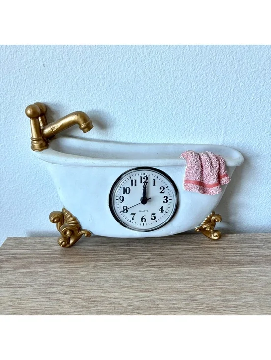 Clawfoot Bathtub White Wall Clock Gold Trimmed Decorative Resin Home Decor
