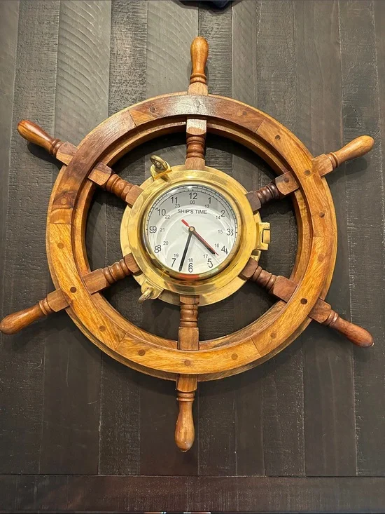 Ships Time Nautical Wheel Wall Clock - Wood and Brass
