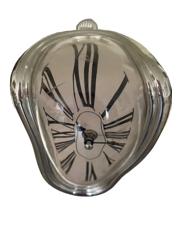 Salvador Dali Style Melting Clock Watch Melted Silver Tone Working-READ!