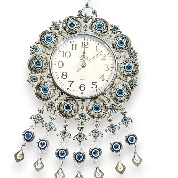 Evil Eye Wall Clock Silver Tone Filigree Nazar Beads Quartz Boho Decor 17.5in‎