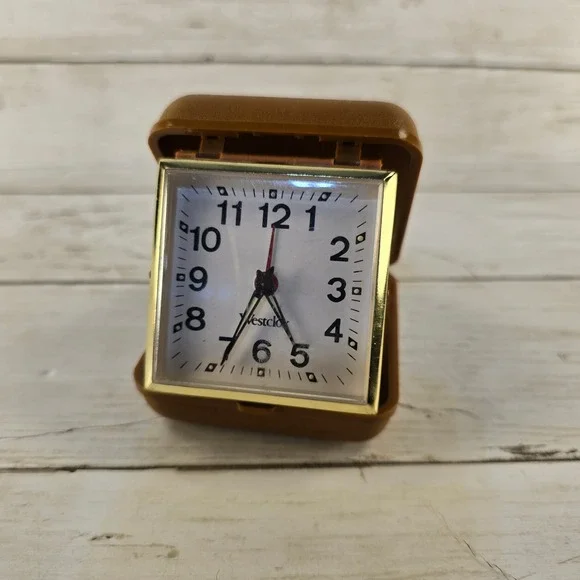 Vintage Westclox Travel Alarm Clock Folding Brown Case Wind Up Mechanical China