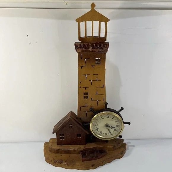 Vintage Wood Carved‎ Lighthouse Clock Ship Wheel Nautical Coastal Collectable