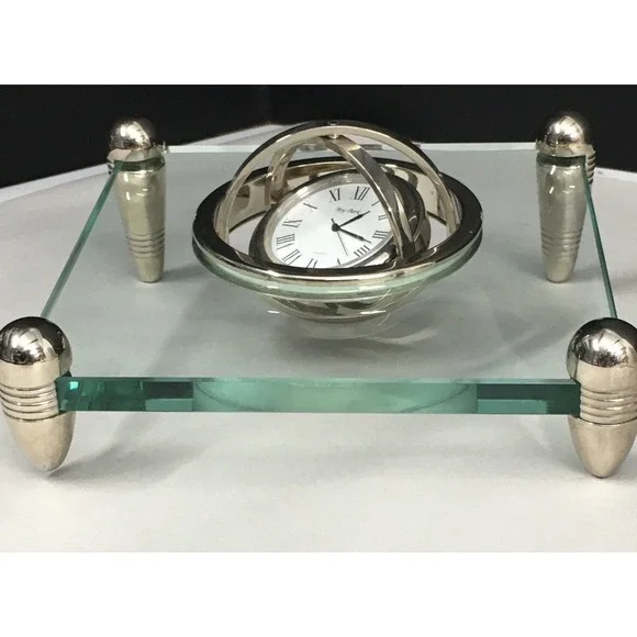 Vintage Bey-Berk Quartz Heavy Glass and Silver Desk Gyroscope Clock