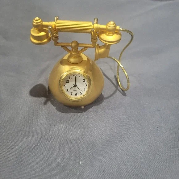 Gold Finish Number Dial Telephone Mini Collectible Fashion Desk Clock
