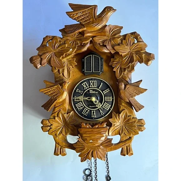 The Time Co Vintage Wooden Cuckoo Clock Carved Bird Leaf Black Forest Style