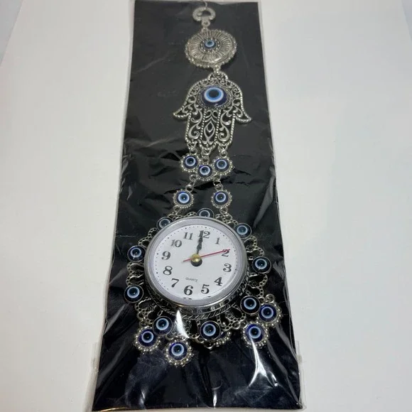 Silver Turkish Hamsa Hand Evil Eye Wall Hanging Clock Nazar Protection Decor