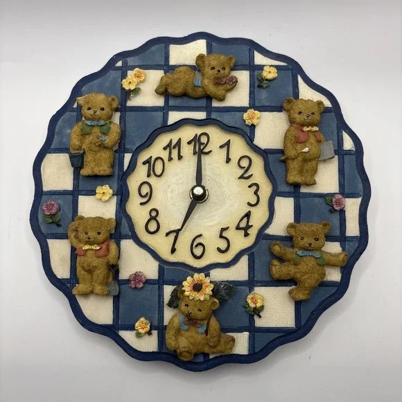 Vintage Resin‎ Teddy Bear Kids Nursery Wall Hanging Clock Blue Check Not Working