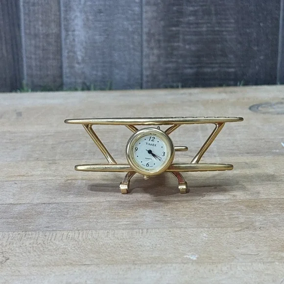 Vintage Timex Quartz Brass Biplane Desk Clock Airplane Figurine Japan Parts