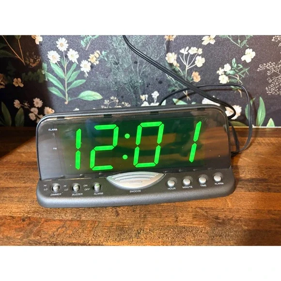 Digital Alarm Clock Large Green LED Display Snooze Dimmer Black Bedside Clock