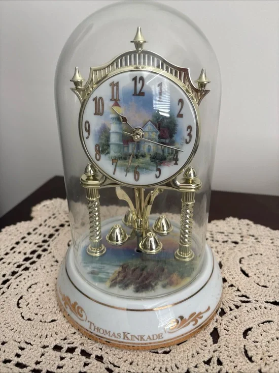 Thomas Kinkade White & Gold Glass Dome Mantel Clock with Scenic Dial