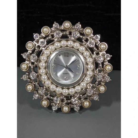Silver Tone Faux Pearl Rhinestone Desk Clock Vanity Decor Working New Battery