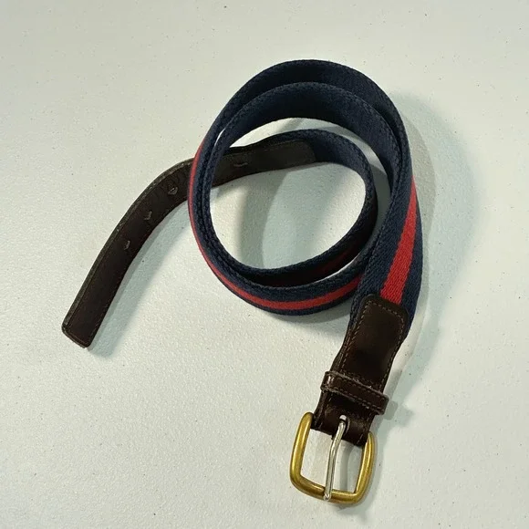 Vtg L.L. Bean Canvas Web Belt Mens 34? Navy Red Striped Leather Preppy Americana
