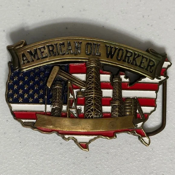 Baron American Oil Worker Belt Buckle Solid Brass Vintage '81 Americana USA Flag