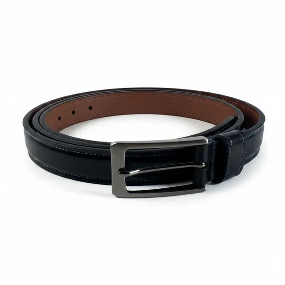 Johnston & Murphy Men Black Leather Dress Belt Gunmetal Buckle Blue Stitching 38