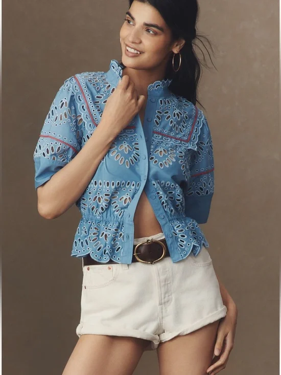 Anthropologie Coastal Scalloped Peplum Eyelet Blouse NWT Medium Blue