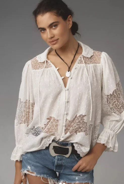 Anthropologie Ivory Mixed Lace Blouse Eyelet Sz MP Cottagecore Romantic Feminine