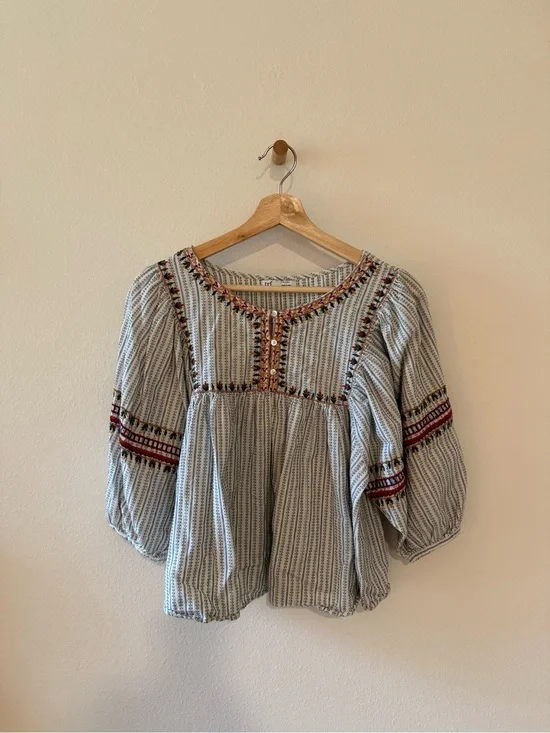 Zara Striped Embroidered Peasant Blouse in Light Blue and White