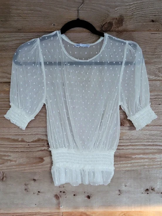 Zara Size Small Swiss Dot Sheer Puff Sleeve Top