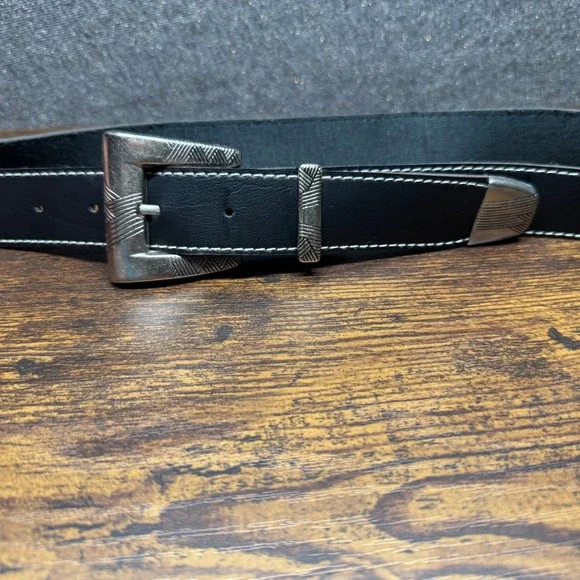 Western Ranger Belt Black Faux Leather Silver Engraved Buckle Tip Cowboy Boho