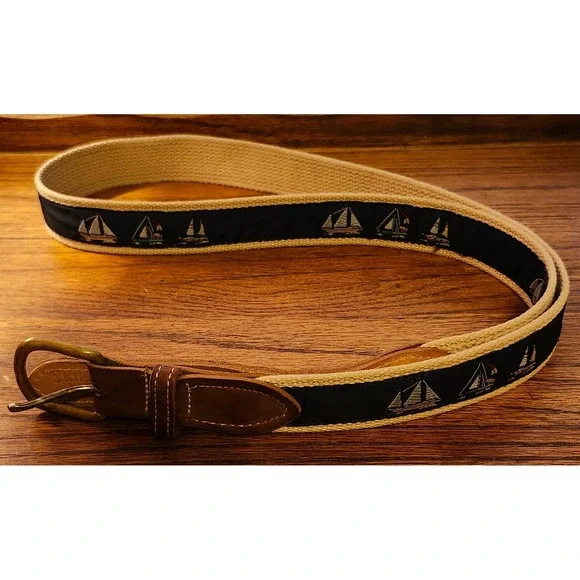 Skippers Mens Nautical Sailboat Ribbon Belt Canvas Leather Brass Buckle Navy Tan