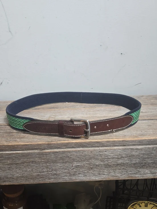 Vineyard Vines Leather And Fabric Green Silk Shamrock Belt