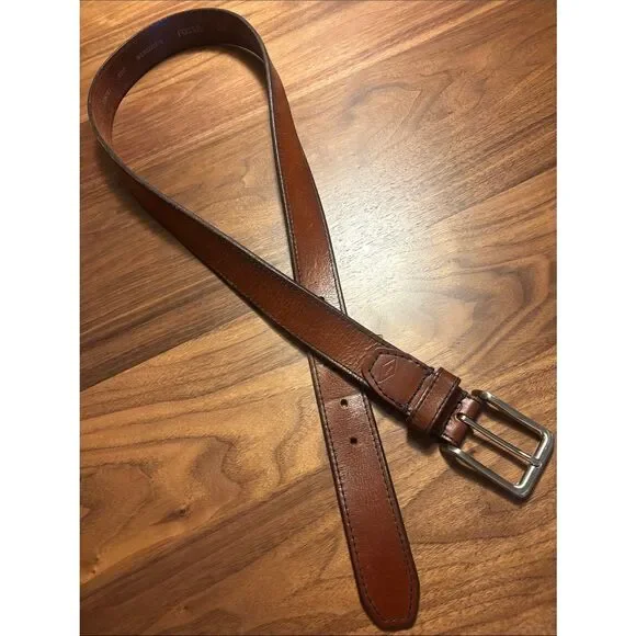 Fossil Tan/Brown Leather Belt with Fabric Logo Tag