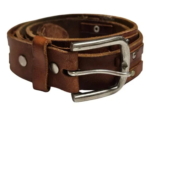 Mens Rugged Brown Genuine Leather Belt Riveted Distressed Workwear Size Large