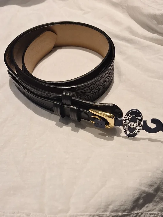 Police Dutyman Black Embossed Leather Belt with Gold-Tone Buckle