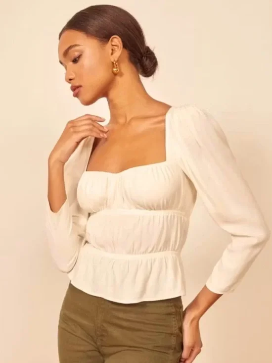 REFORMATION Cream Square-Neck Milkmaid Blouse