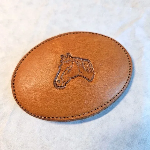 Vintage Leather Oval Belt Buckle Embossed Horse Head Western Equestrian Rodeo