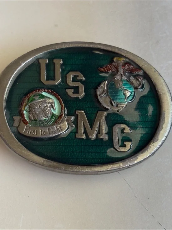 USMC Eagle Globe Anchor Belt Buckle in Teal and Silver - minor wear