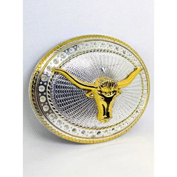 Unisex Vintage Western Longhorn Gold & Silver Two Tone Belt Buckle