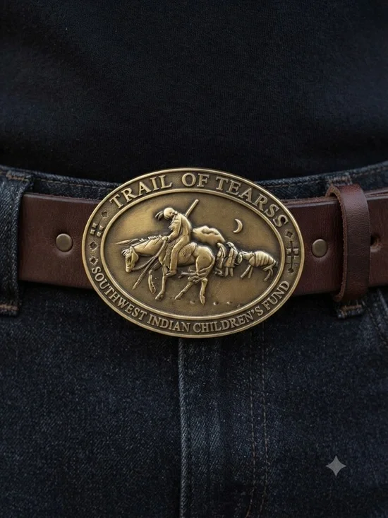 Trail of Tears Brass Buckle Brown Leather Belt - Mens Accessories
