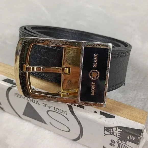Montblanc 38in Belt Mens OS Black ‎ Gold Buckle Leather Logo Accessory