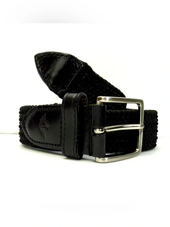 Dockers Men Black Braided Stretch Belt Silver Buckle Leather Trim Size XL 42-44