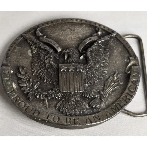 Belt Buckle - Proud To Be An American - 1981 H132 USA - Bergamot Brass Works