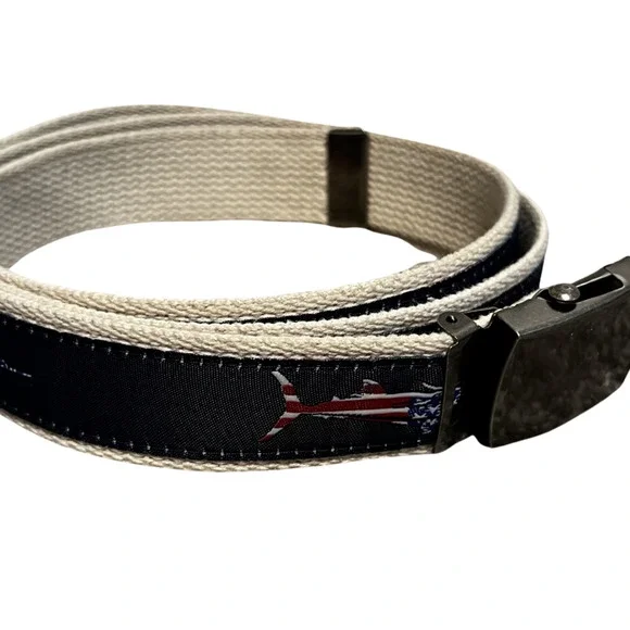 American Red White Blue Canvas Belt Sturgeon Fish American Flag Metal Buckle