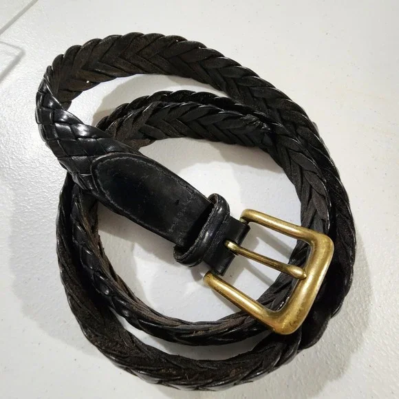 Eddie Bauer Mens Braided Leather Belt Black Solid Brass Buckle Size M