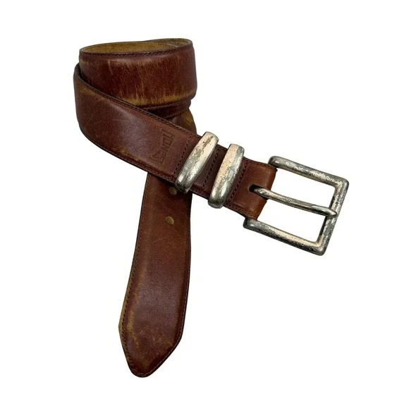 Honest Belt Mens 38? Brown Leather Silver Buckle Distressed Brighton Casual 1.5